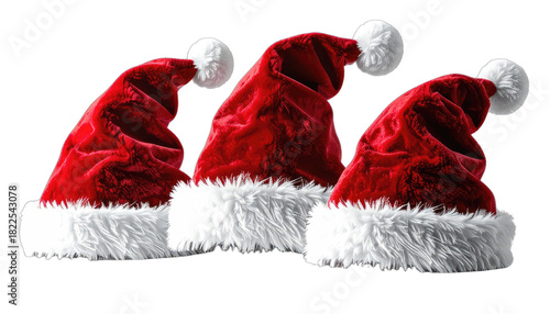 Three red Santa hats with white trim and pom-poms on a black background.
