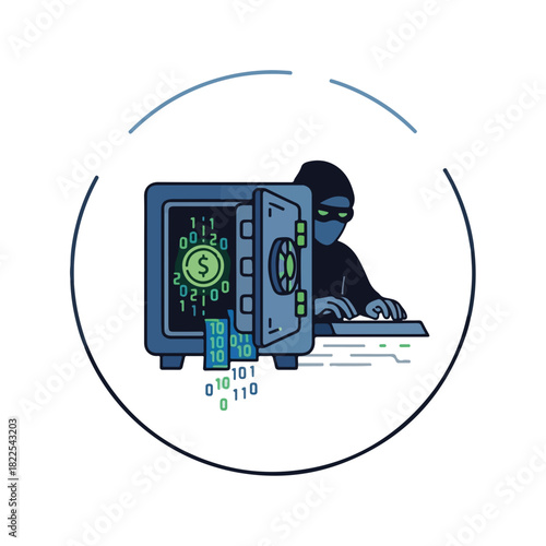 Financial cyber crime showing masked thief cracking safe filled with binary code and dollar sign. Financial cyber crime involves internet fraud and data theft, highlighting modern security threats.