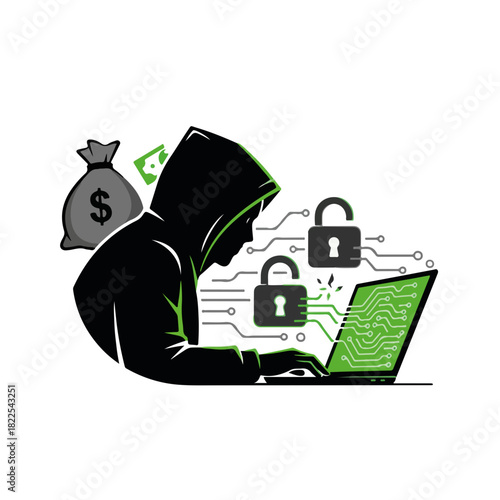 Hacker using computer for cybercrime with bag of money, depicting network security breach. Hacker commits fraud, stealing finance with cyber theft, emphasizing vulnerabilities.