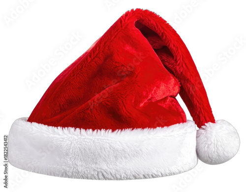 A vibrant red Santa hat with white trim and a pom-pom is isolated on a black background.