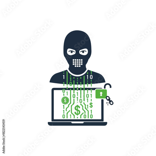Depiction of cyber crime with masked figure and laptop signifying security breach. Cyber crime concept with masked person and a computer showing financial fraud.