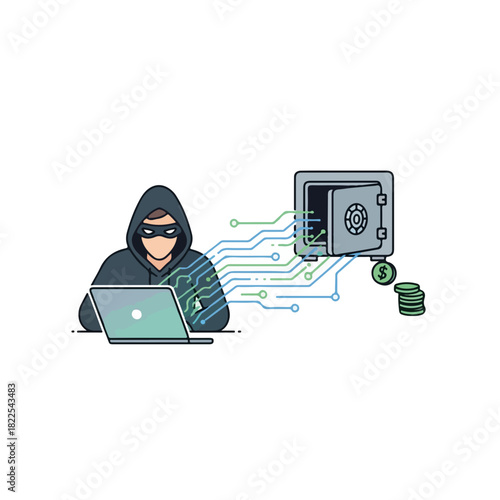 Hacker stealing money with laptop near open safe. Cybercrime hacker illustration with money and laptop as crime tool. Modern hacker illustration for digital banking safety and internet security.