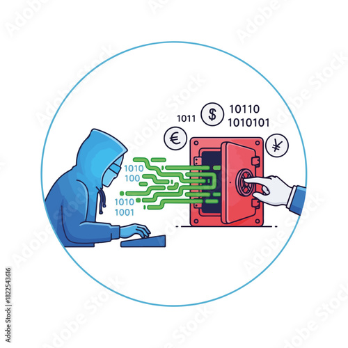 Financial data theft, a digital thief is stealing data with binary code, as confidential information flows from computer. Data theft happens with a hacker intruding into bank.