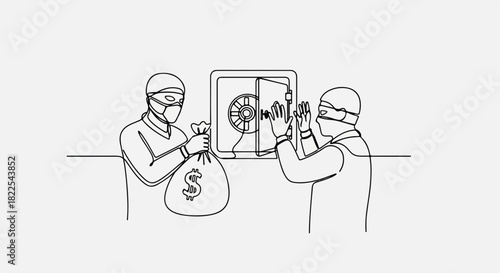 One line art of masked figures involved in a bank robbery near open vault. Conceptual bank robbery illustration showing open safe, moneybag, and perpetrators in masks.