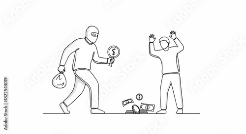 Stick figure robbery scene showing robber threatening man, line art. Stick figure robbery action shows thief holding money symbol. Depicting stick figure robbery concept for animation,