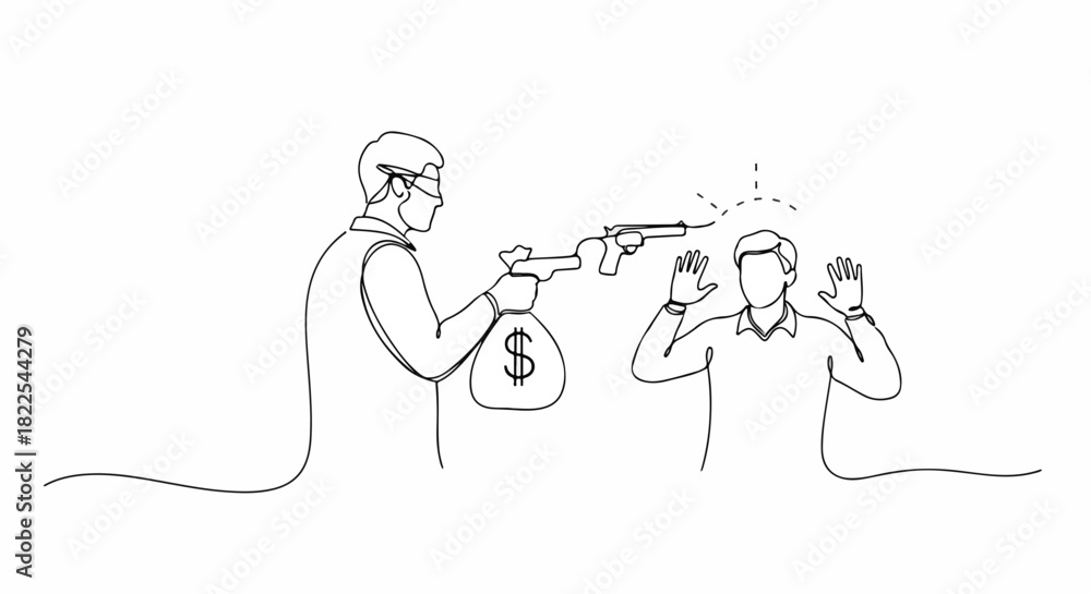 Obraz premium Crime scene with money bag and bank robbery using firearm and robbery. Concept bank robbery shows criminal aiming a gun, with money bag in hand and bank robbery. Concept crime.