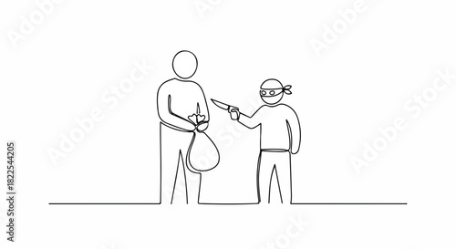 Minimalist illustration of robbery, depicting crime with robber threatening man holding bag, criminal activity. This crime scene features line art of thief with weapon demanding money,