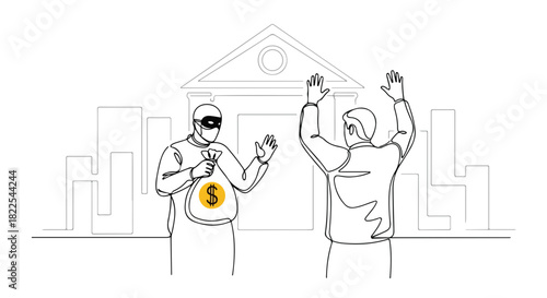 One line drawing bank robbery featuring thief, building, and hostage. Continuous line art emphasizes bank robbery, creating suspense with perpetrator holding money bag.