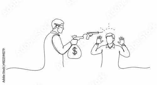 Crime scene with money bag and bank robbery using firearm and robbery. Concept bank robbery shows criminal aiming a gun, with money bag in hand and bank robbery. Concept crime.