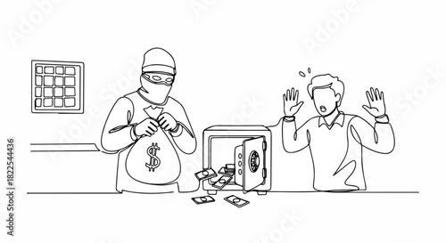 Bank robbery illustration with thief and terrified hostage next to open safe. Concept of bank robbery. This bank robbery drawing depicts a crime scene with money spilling out and a calendar on wall.