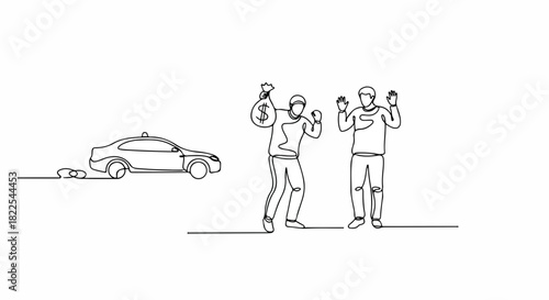 Crime scene with line drawing illustration of bank robbery showing two robbers with money bags surrendering. Line drawing illustration of crime scene after bank robbery.