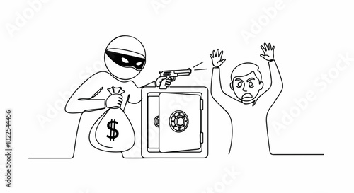 Robbery scene illustration shows robber with gun and victim with hands up, line art. Robbery unfolding in bank or store, with visible safe and bag, this robbery is dangerous.