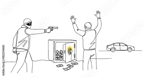 Stick figure robbery scene, with criminal pointing gun at terrified victim standing in front of open safe, overflowing with money. This stick figure robbery illustration shows risk and intimidation.