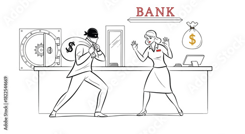 Bank robbery sketch showing thief with money bag and bank employee. Bank robbery scene illustrates bank theft. Bank robbery scene is dramatic, capturing the conflict in financial institution.