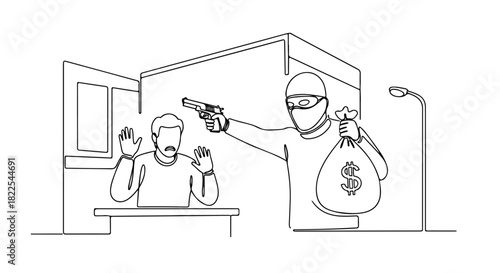 Bank robbery in line drawing style shows masked thief robbing scared clerk, Bank robbery scene depicts crime and violence. Bank robbery illustration for social issues or crime awareness campaigns.