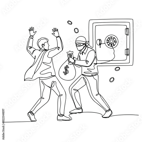 One line drawing of a bank robbery depicting robber robbing bank client with money bag. Bank robbery scene featuring criminal taking money in continuous line art style, creating dramatic tension.