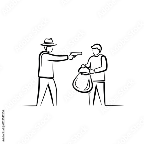 Line art robbery scene, with criminal holding gun at victim with bag. Depiction robbery in simplified design, focusing on menace, demand. Conceptual line art robbery to illustrate finance trouble.