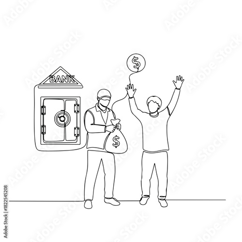 Simple line drawing shows robbery in monochrome style, depicting one robber holding sack with money and another person with arms up.