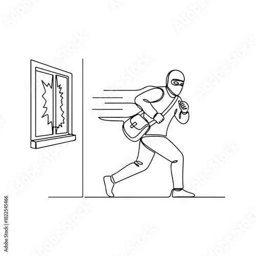 Burglar running from crime scene with broken window in one line drawing. Burglar flees carrying bag with loot, showcasing criminal activity.