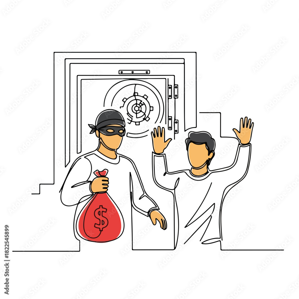 Obraz premium Bank robbery scene depicting thief robbing bank with money bag and hostage. Bank robbery includes danger, conflict, and suspense, as thief threatens hostage in front of bank vault.