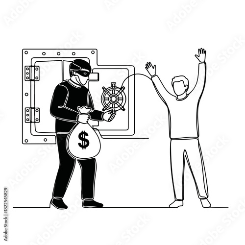 Bandit robs bank safe, bandit holds up victim with sack of money. Bandit demands surrender during bank robbery, person raises hands in distress. Concept bandit robbing bank safe or other facility.