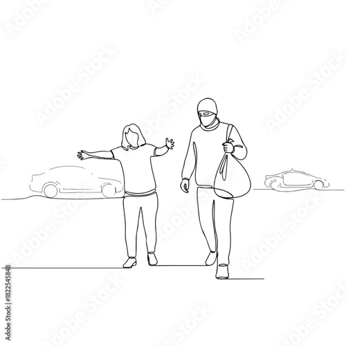 Continuous line art of a woman greeting a man with a bag, set against minimalist cars. Continuous line showcases interaction, continuous line style,
