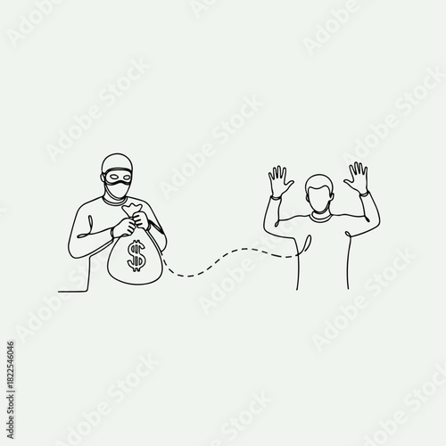 Continuous line drawing of a robber stealing money from a person, concept is robbery. Single line illustration of robbery, with thief holding bag of cash and victim raising hands.