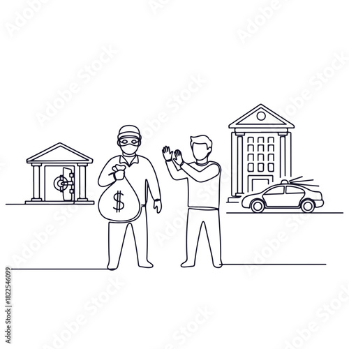 Bank robbery scene with robber and hostage in outline style. Bank robbery action displays a thief with money bag and a captured man, with bank building behind them.