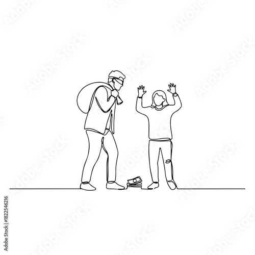 Line drawing capturing Robbery scene with masked thief holding bag of money. Robbery shown in minimal one-line drawing of criminal and victim with hands up.