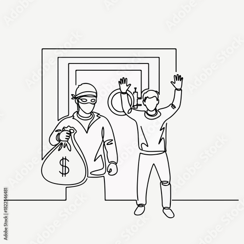 Continuous line drawing of robber with a bag of money points weapon at man standing near safe, arms raised. Continuous line drawing depicts armed criminal confronting victim in bank.