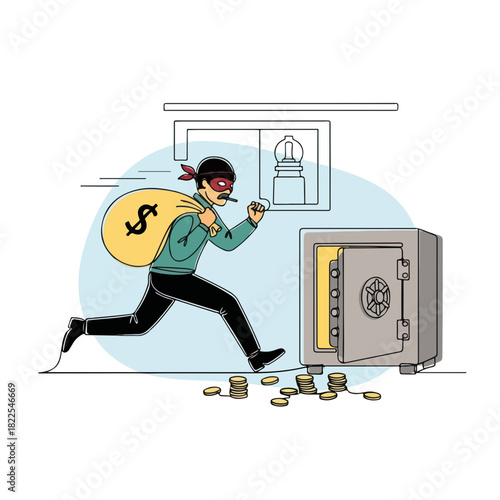 Running thief escapes with money bag from bank safe, committing bank robbery. Bank robbery involves an individual, burglar wearing mask stealing wealth from safe in security deposit box.