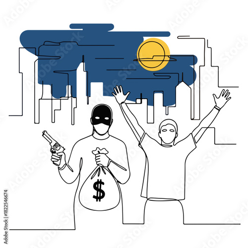 Gangster with money and arrested gangster in city at night. Gangster holds a bag with dollar sign and gun while another is arrested. Concept gangster at night,