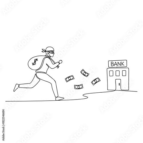 Bank robbery unfolds with robber fleeing with a money bag, capturing scene of crime. Continuous line shows robber, money, and bank building for bank robbery concept.