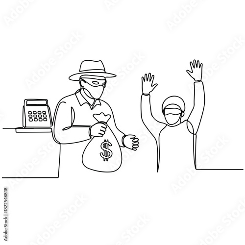 One line drawing of a robbery, with a bandit holding a bag of money and person with arms up. Robbery scene showcases tension and fear in minimalistic design with one line drawing technique.