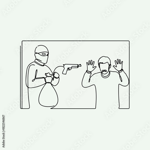 Criminal activity shown with armed robber holding bag and gun threatening victim. Continuous line art depicting criminal activity shows danger and fear.