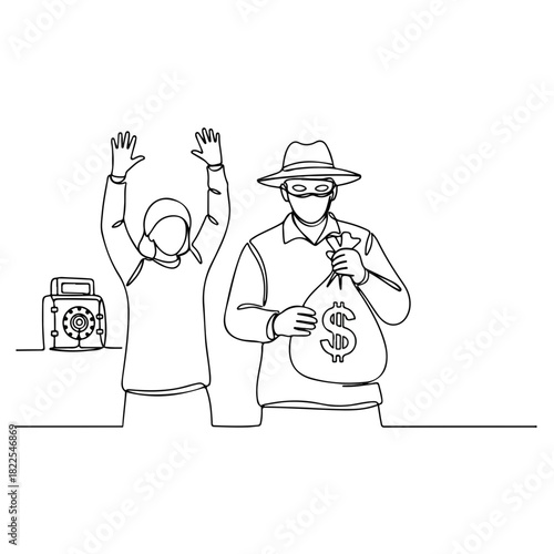 Continuous line illustration of a bank robbery, showing tension as robber with money and hostage with raised arms face uncertain future. Bank robbery incident captures dangerous crime in public space.