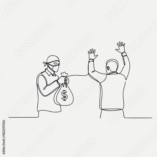 One line drawing of bank robbery concept. Bank robbery one-line art shows masked criminal holding a bag with dollar sign and man raising his hands. Use bank robbery concept in financial crime stories.