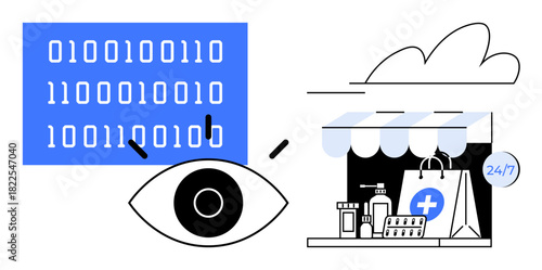 Human eye observing binary code next to a 247 online pharmacy store with medicines and healthcare bag. Ideal for healthcare, technology, online services, e-commerce, privacy, innovation, simple flat