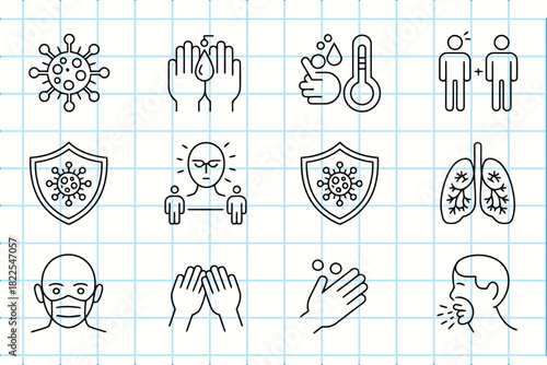 Coronavirus doodle icons set for health, prevention, and hygiene