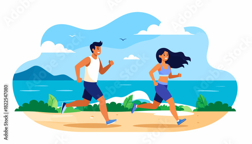 Happy Man and Woman Jogging on Beach Path by Ocean