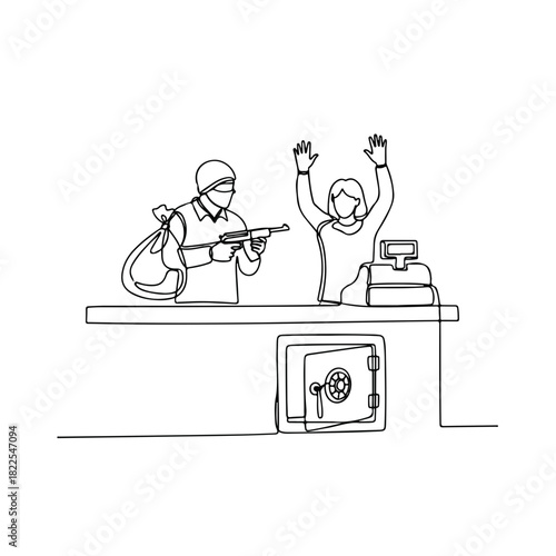 Continuous line drawing of a bank robbery scene in a minimal art style, showing a robber threatening an innocent civilian.