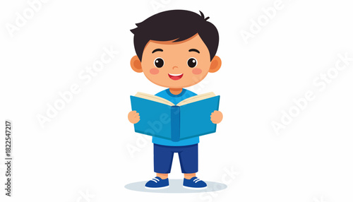 Happy Little Boy Reading an Open Book Cartoon Illustration