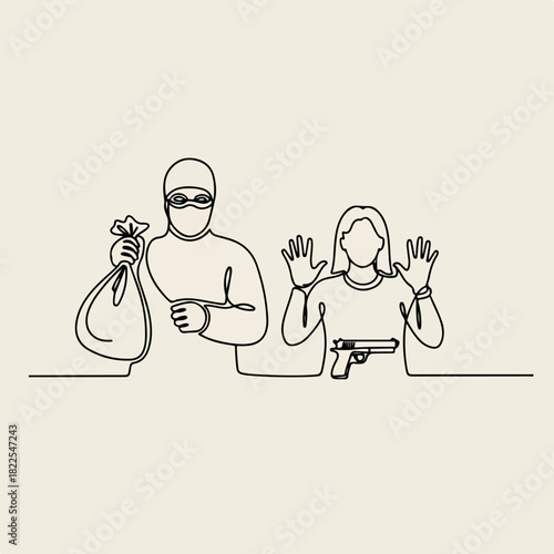 Line drawing of robbery showcasing crime scene, thief with money bag, and victim holding hands up in despair.