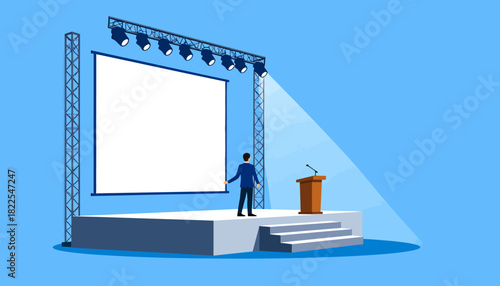 Speaker on Stage with Blank Presentation Screen and Podium for Public Speaking Event
