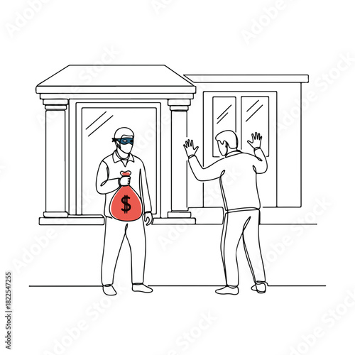 Home robbery scene showcases perpetrator with money bag robbing victim in front of house. Depiction of a home robbery emphasizes crime.