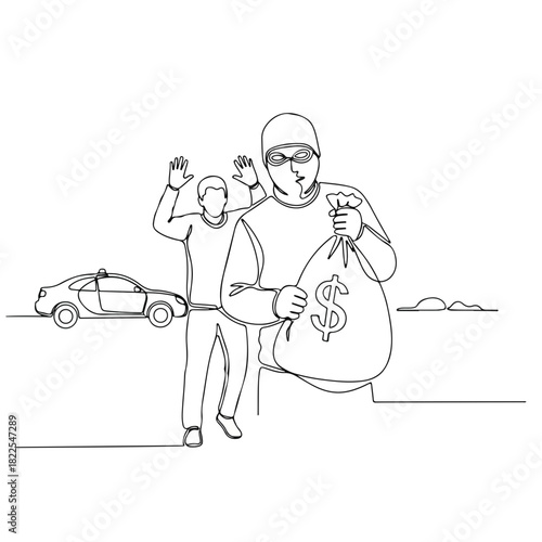 One line drawing of thief escaping with stolen bag of money after car theft. One line drawing shows robber running away with cash sack after committing crime.