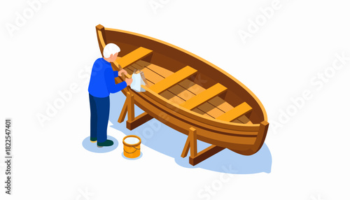 Man painting wooden boat, isometric illustration of person doing boat maintenance and repair, hobby and craftsmanship project.
