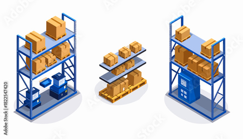 Isometric warehouse storage racks with cardboard boxes and pallets. Logistics and inventory management illustration.