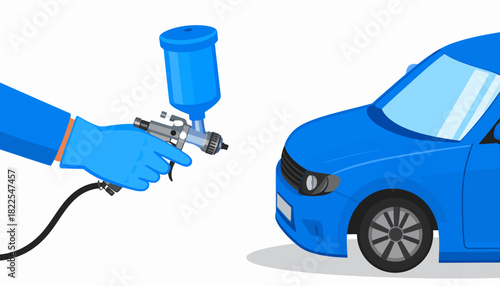 Hand holding spray gun painting blue car, professional auto repair and vehicle refinishing service.