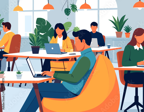 Flat Design Illustration of Diverse Business People Working on Laptops in a Modern Open Office Environment with Green Plants